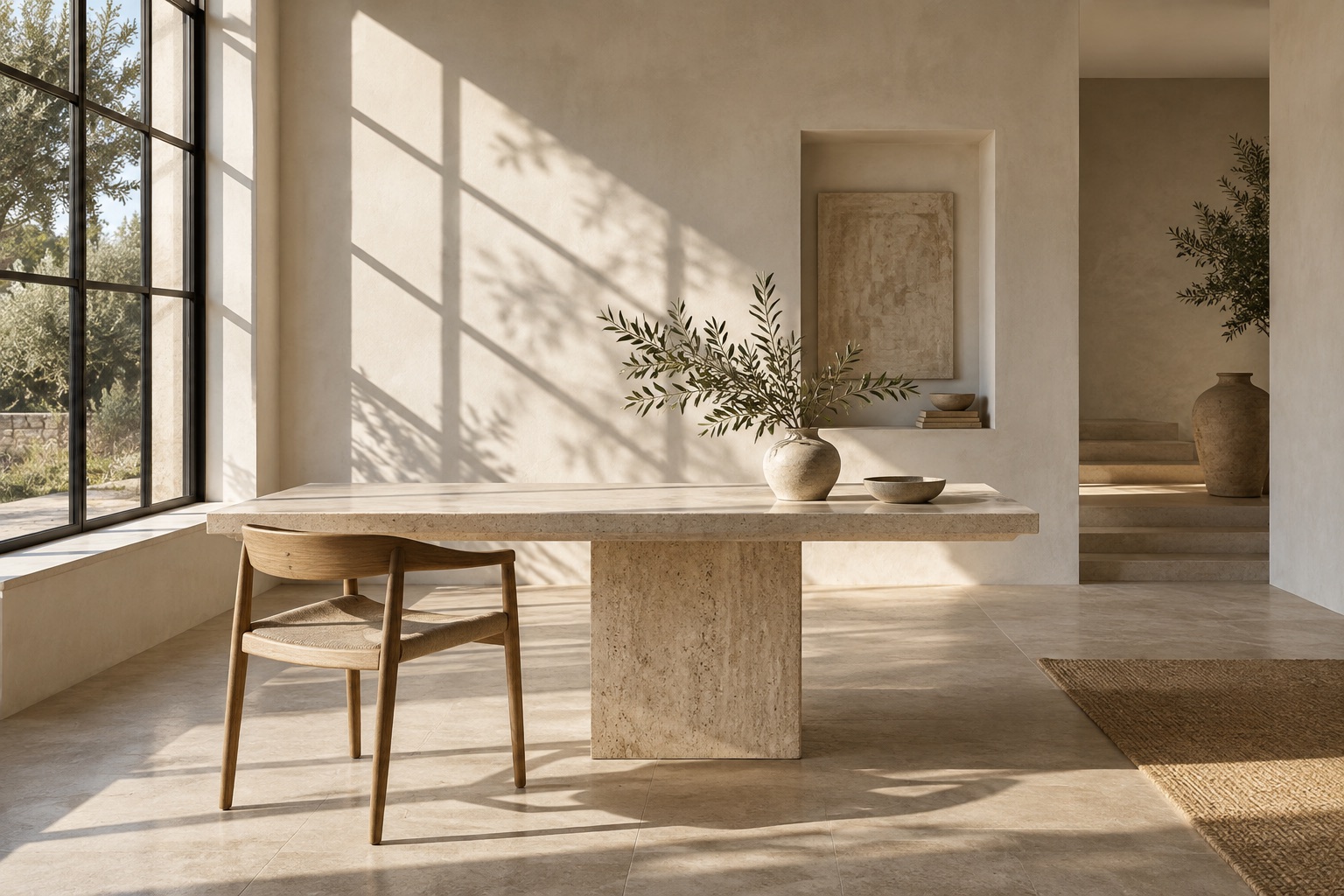 Interior arquitectónico de muestra con piedra natural y luz de mañana