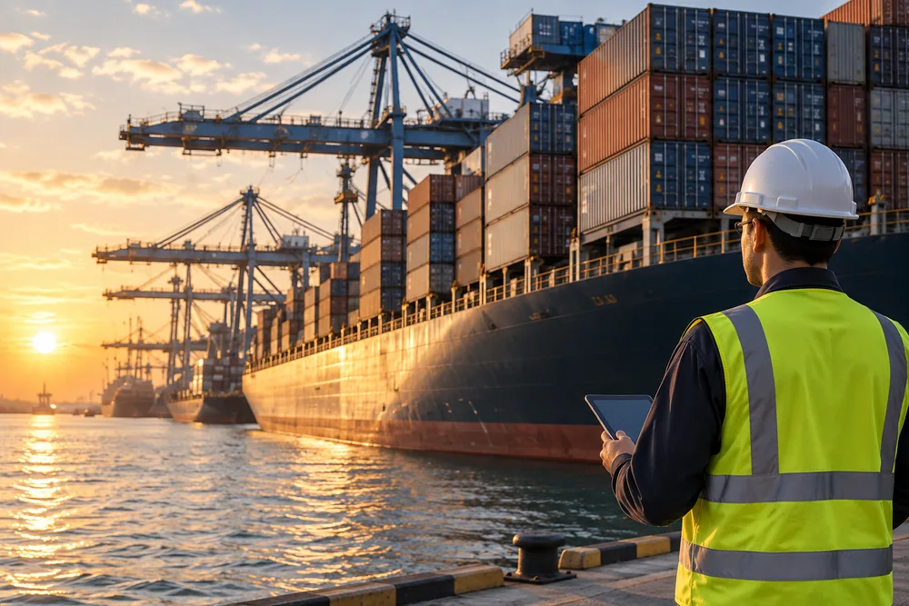Personal de logística en un puerto de carga